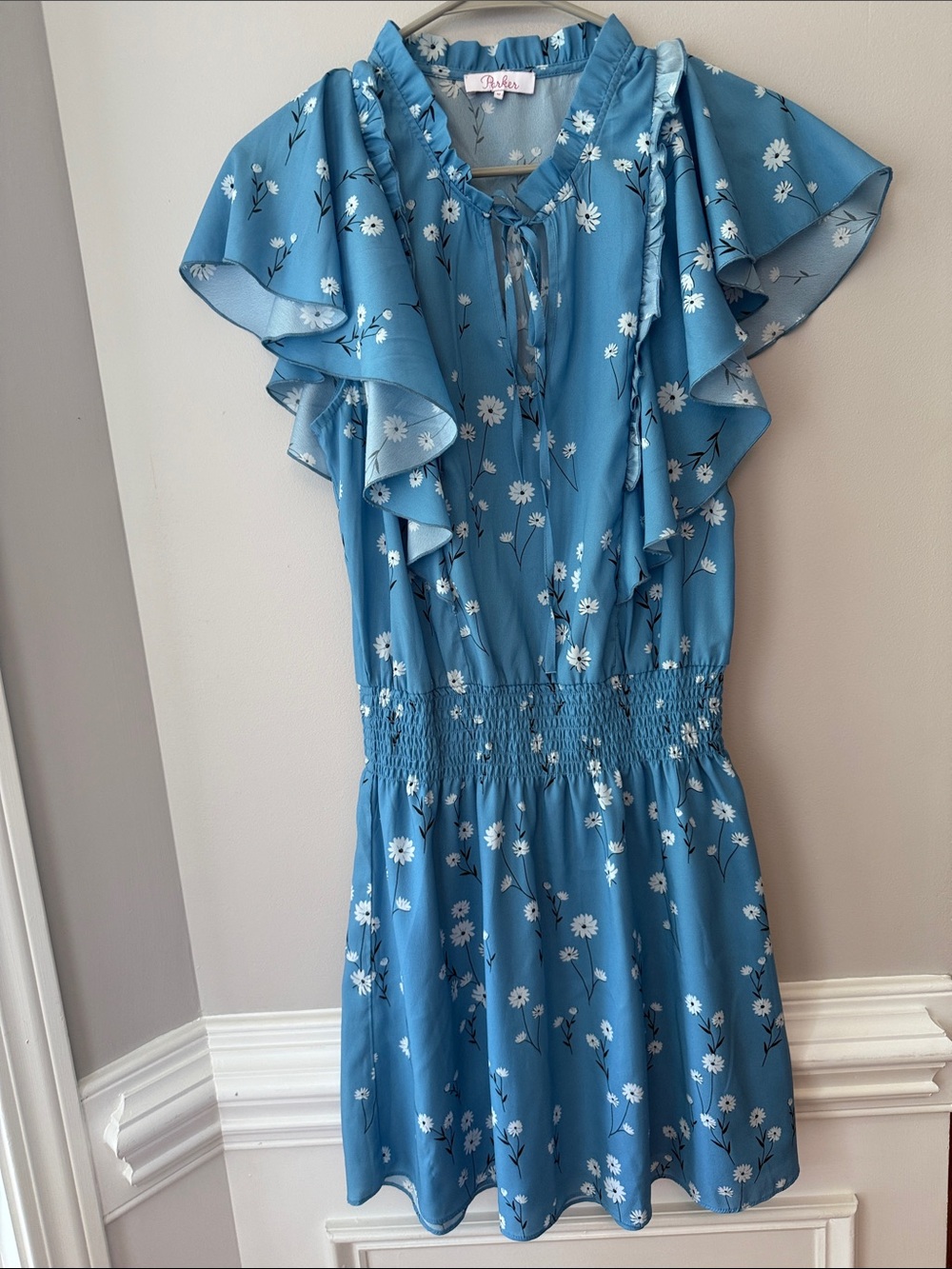 Parker Women’s Blue Daisy Ruffle Waist  Dress Size M